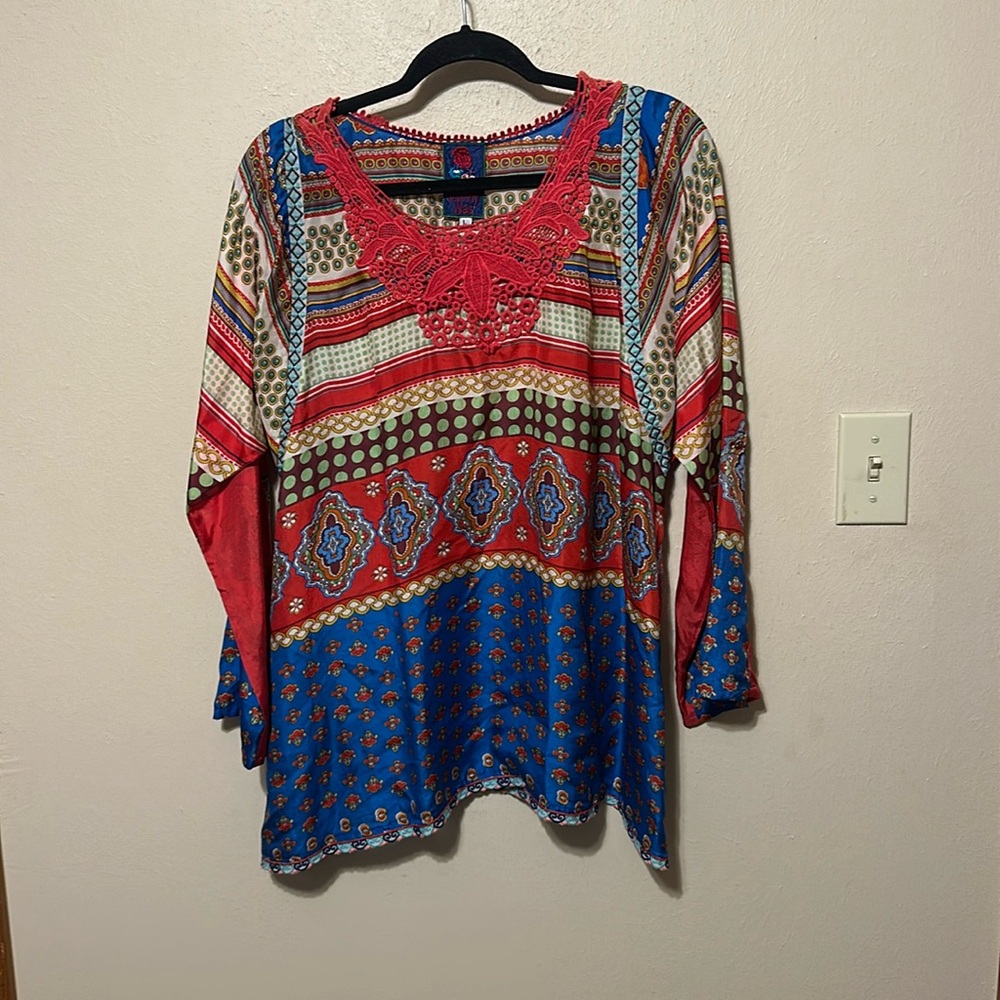 Johnny Was Multicolor Boho Printed Scoop Neck Blouse with Crochet Yoke
